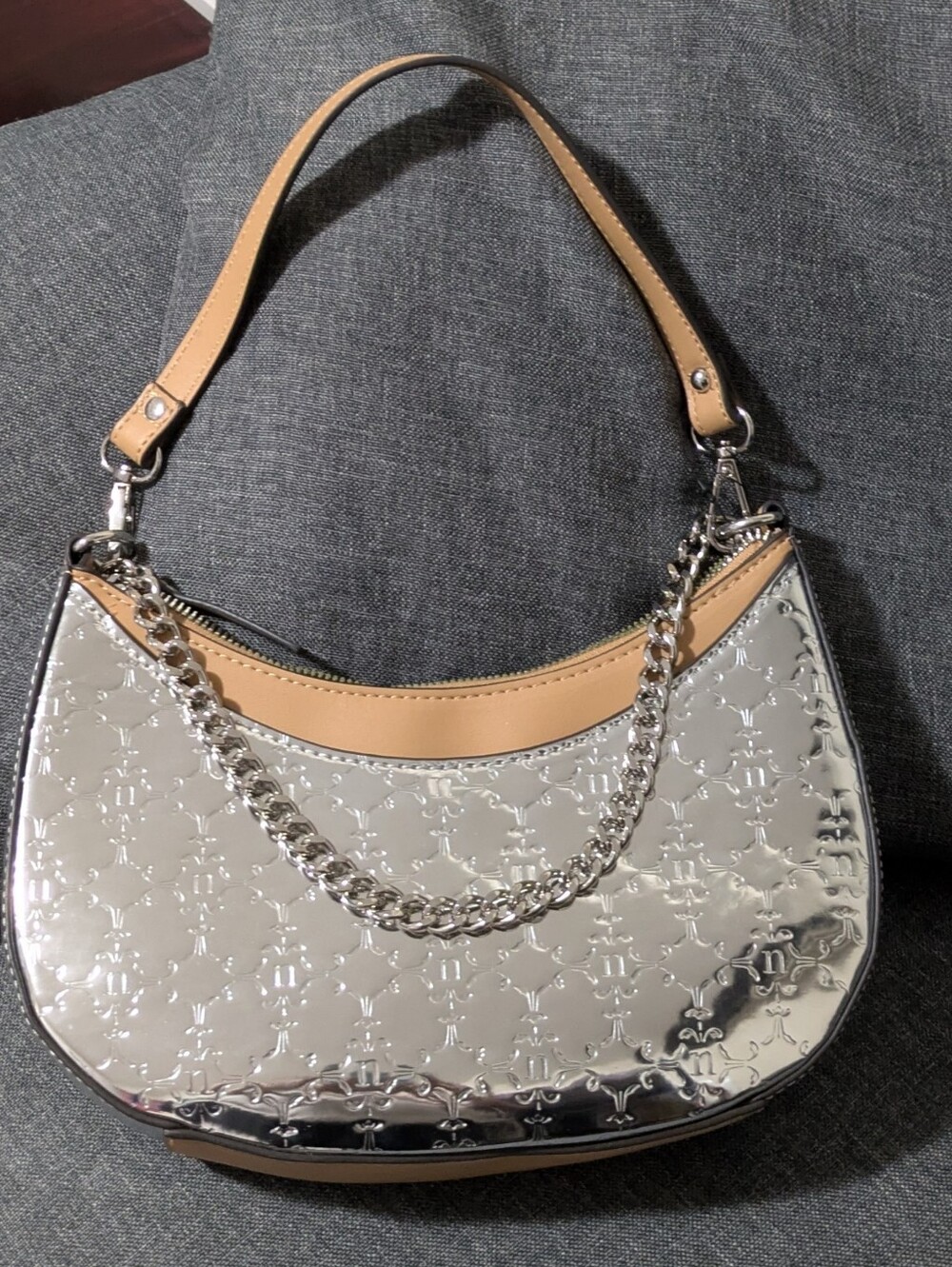 Metallic Silver Patent Shoulder Bag with Tan Trim, Nanette Lepore Bag